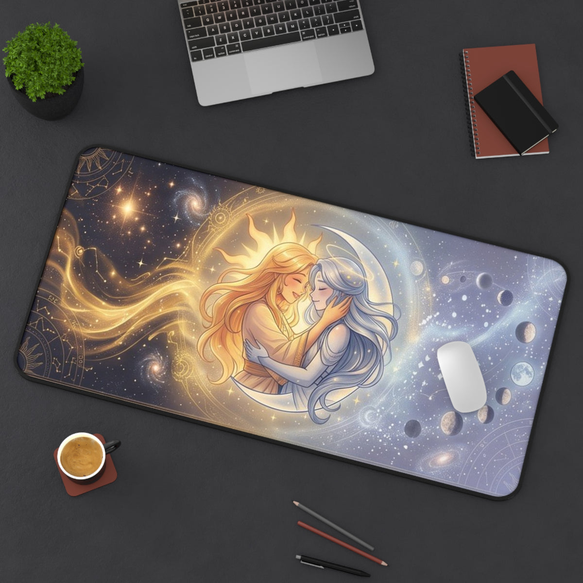 Celestial Balance Desk Mat – Sun & Moon Fantasy Gaming Mouse Pad