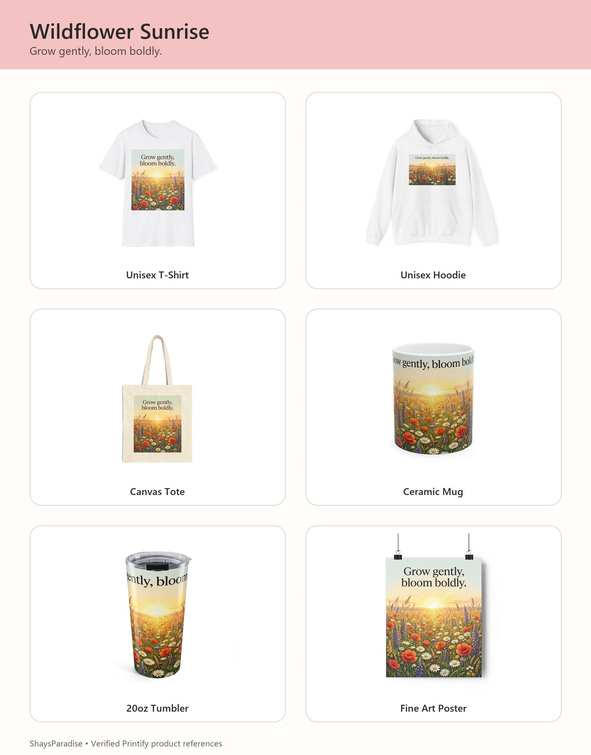 ShaysParadise gift collection featuring nature-inspired apparel, drinkware, tote and wall art