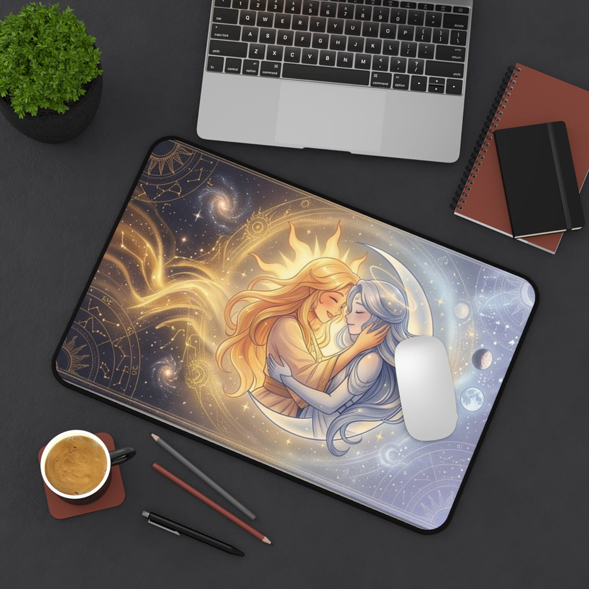 Celestial Balance Desk Mat – Sun & Moon Fantasy Gaming Mouse Pad