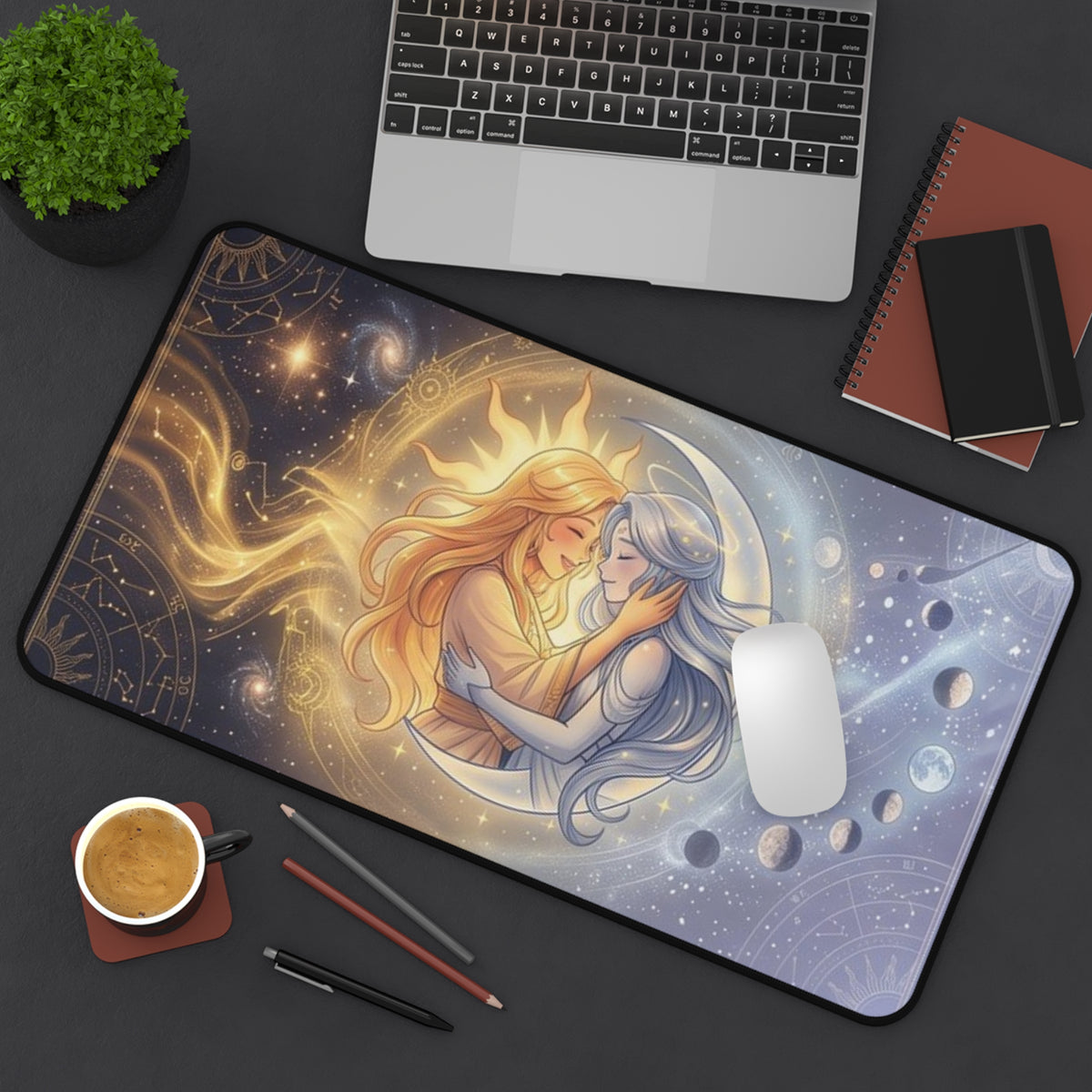 Celestial Balance Desk Mat – Sun & Moon Fantasy Gaming Mouse Pad